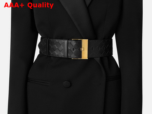 Bottega Veneta Large Watch Belt Black Intrecciato Silky Calfskin Leather Belt with Watch Buckle Replica