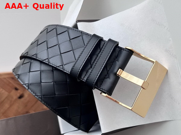 Bottega Veneta Large Watch Belt Black Intrecciato Silky Calfskin Leather Belt with Watch Buckle Replica