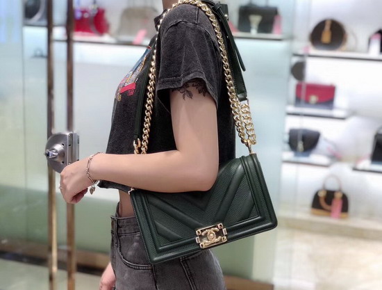 Boy Chanel Handbag Green Calfskin and Gold Tone Metal A67086