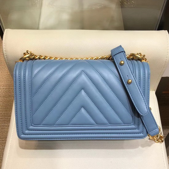 Boy Chanel Handbag in Light Blue Chevron Lambskin Gold Hardware