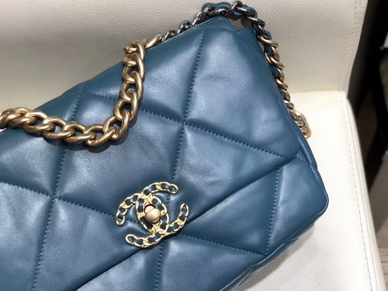 Chanel 19 Maxi Flap Bag Blue Goatskin Gold Tone Silver Tone and Ruthenium Finish Metal AS1162