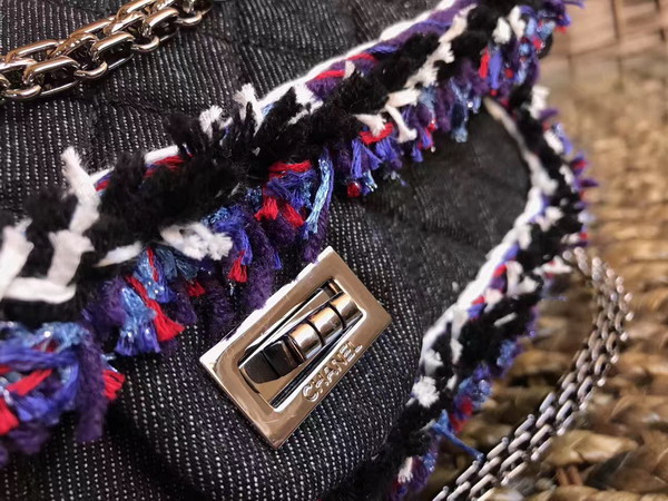 Chanel 2 55 Flap Bag Denim Braid Silver Tone Metal Black and Blue For Sale