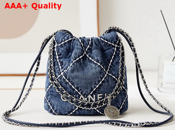 Chanel 22 Mini Handbag Stitched Denim Silver Tone Metal Blue Ref AS3980 Replica
