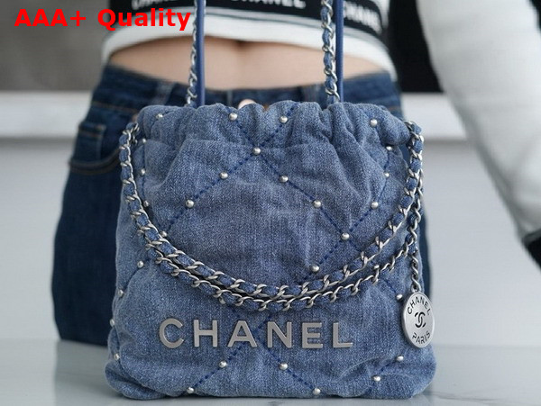Chanel 22 Mini Handbag in Blue Washed Denim Silver Tone Metal Ref AS3980 Replica