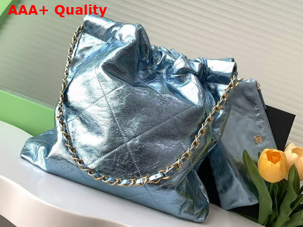 Chanel 22 Small Handbag in Blue Metallic Crinkled Calfskin AS3260 Replica