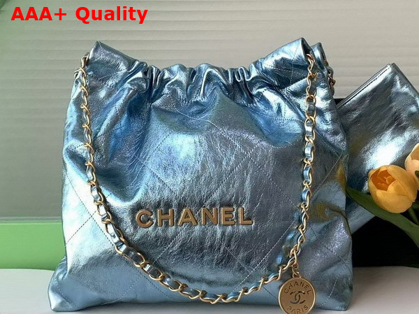 Chanel 22 Small Handbag in Blue Metallic Crinkled Calfskin AS3260 Replica