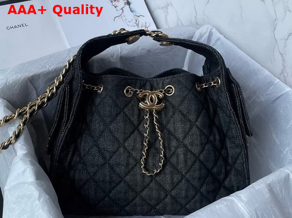 Chanel 25 Small Handbag in Black Washed Denim Gold Tone Metal AS5293 Replica