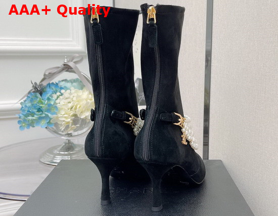 Chanel Ankle Boots Stretch Suede Calfskin Grograin Pearls Black Ref G37542 Replica