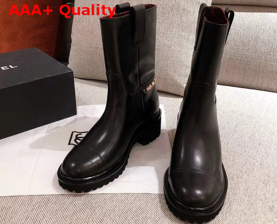 Chanel Ankle Boots in Black Calfskin with Gold Metal Logo G36749 Replica