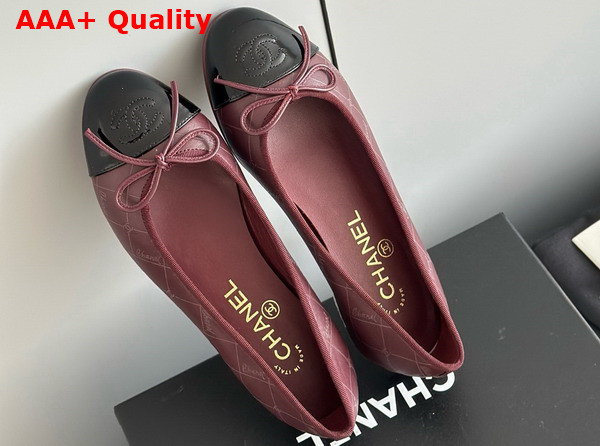 Chanel Ballet Flats Printed Lambskin and Patent Calfskin Burgundy and Black G02819 Replica