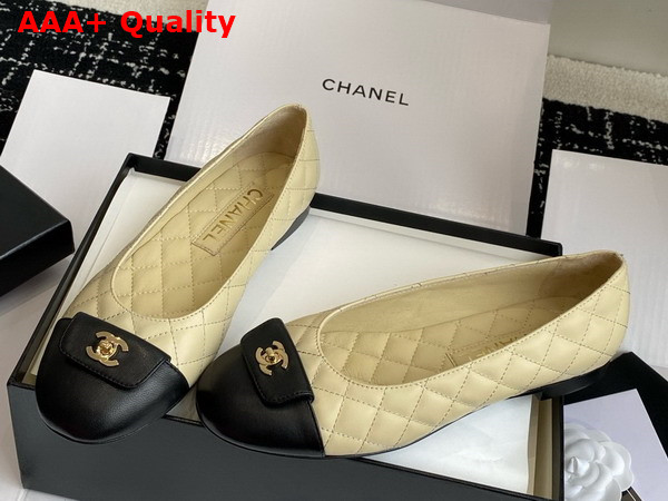 Chanel Ballet Flats in Beige and Black Lambskin with CC Buckle Replica