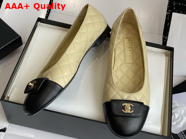 Chanel Ballet Flats in Beige and Black Lambskin with CC Buckle Replica