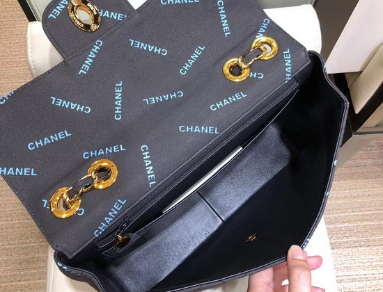 Chanel Big Flap Bag in Black Fabric with All Over Blue Printed Chanel Logo