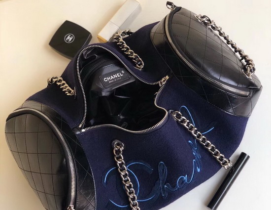 Chanel Bowling Bag Navy Blue Embroidered Wool and Calfskin