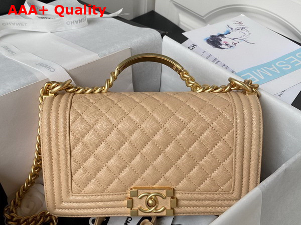 Chanel Boy Chanel Flap Bag with Handle Beige Grained Shiny Calfskin and Gold Tone Metal Replica