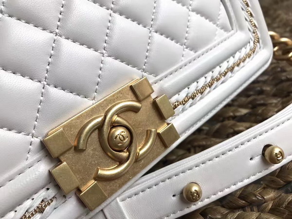 Chanel Boy Chanel Handbag White Lambskin with Leather Weave Gold Tone Metal For Sale