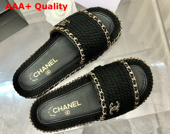 Chanel Braided Mules in Black Cotton with Chain Trims Replica