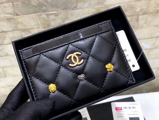 Chanel Card Holder in Black Lambskin with Charms