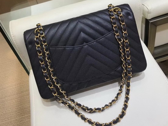 Chanel Caviar Leather Chevron Flap Bag in Black with Gold Hardware