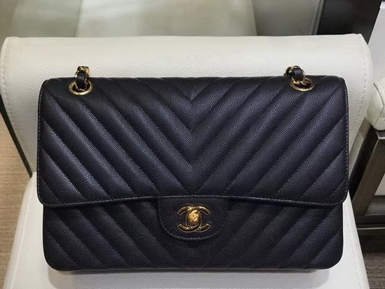 Chanel Caviar Leather Chevron Flap Bag in Black with Gold Hardware