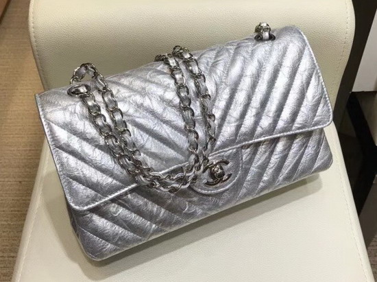 Chanel Classic Flap Bag Patent Metallic Crumpled Calfskin Silver Tone Metal