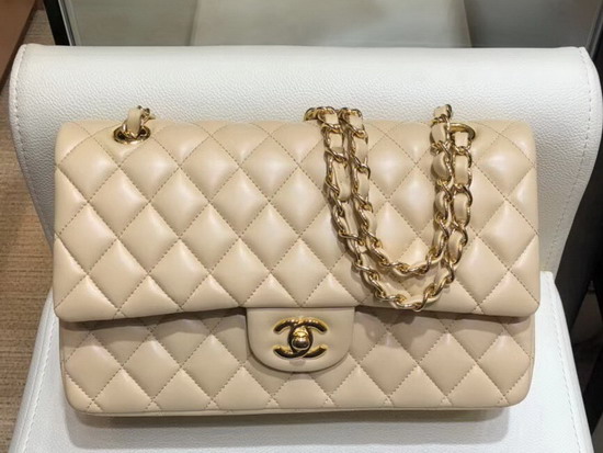 Chanel Classic Flap Bag in Apricot Lambskin with Gold Tone Metal Real Leather Lining