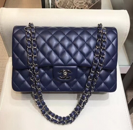 Chanel Classic Flap Bag in Navy Lambskin with Silver Tone Metal Real Leather Lining