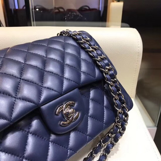 Chanel Classic Flap Bag in Navy Lambskin with Silver Tone Metal Real Leather Lining