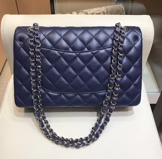 Chanel Classic Flap Bag in Navy Lambskin with Silver Tone Metal Real Leather Lining