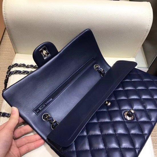 Chanel Classic Flap Bag in Navy Lambskin with Silver Tone Metal Real Leather Lining
