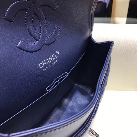 Chanel Classic Flap Bag in Navy Lambskin with Silver Tone Metal Real Leather Lining