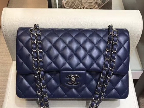 Chanel Classic Flap Bag in Navy Lambskin with Silver Tone Metal Real Leather Lining