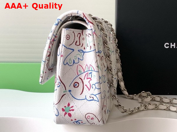 Chanel Classic Flap Bag in White Canvas with Multicolor Fish Print Replica