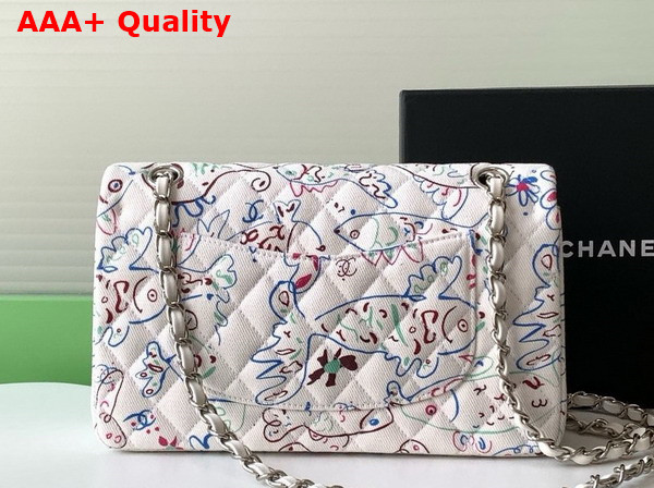 Chanel Classic Flap Bag in White Canvas with Multicolor Fish Print Replica