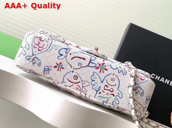 Chanel Classic Flap Bag in White Canvas with Multicolor Fish Print Replica