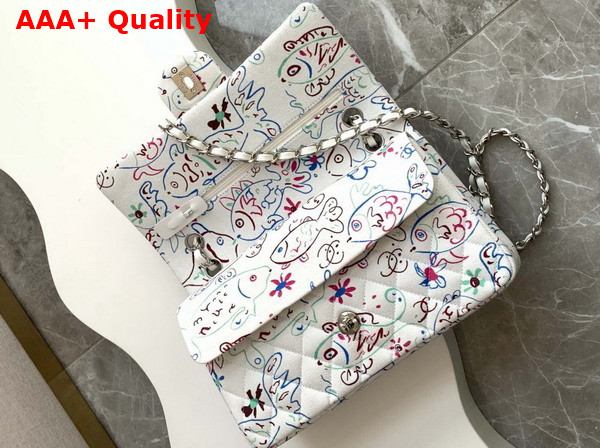 Chanel Classic Flap Bag in White Canvas with Multicolor Fish Print Replica