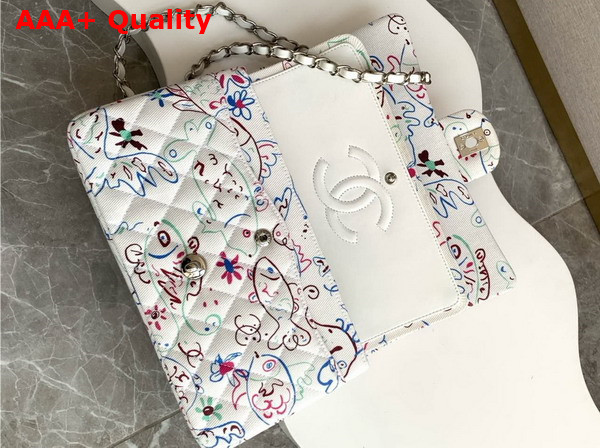 Chanel Classic Flap Bag in White Canvas with Multicolor Fish Print Replica
