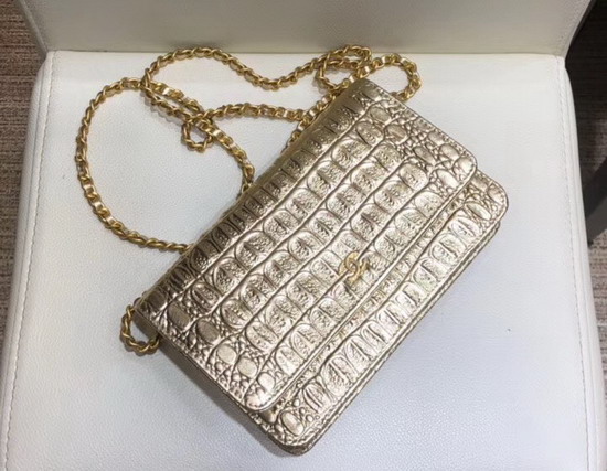 Chanel Classic Wallet On Chain Gold Metallic Crocodile Embossed Calfskin and Gold Tone Metal A33814