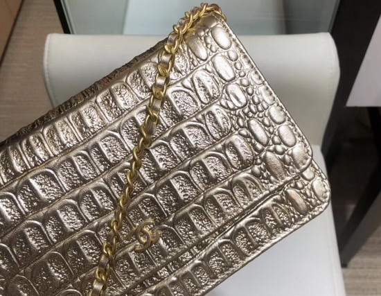 Chanel Classic Wallet On Chain Gold Metallic Crocodile Embossed Calfskin and Gold Tone Metal A33814