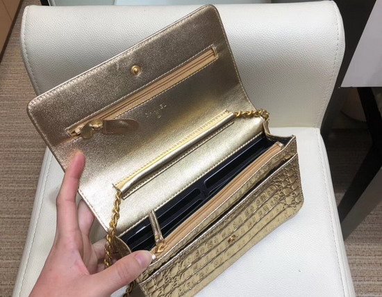 Chanel Classic Wallet On Chain Gold Metallic Crocodile Embossed Calfskin and Gold Tone Metal A33814