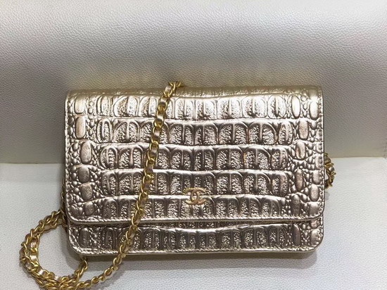 Chanel Classic Wallet On Chain Gold Metallic Crocodile Embossed Calfskin and Gold Tone Metal A33814
