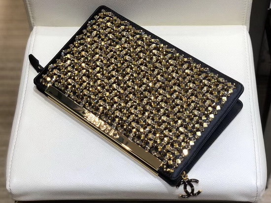 Chanel Clutch Satin Crystal Pearls and Gond Tone Metal Gold and Black AS0705