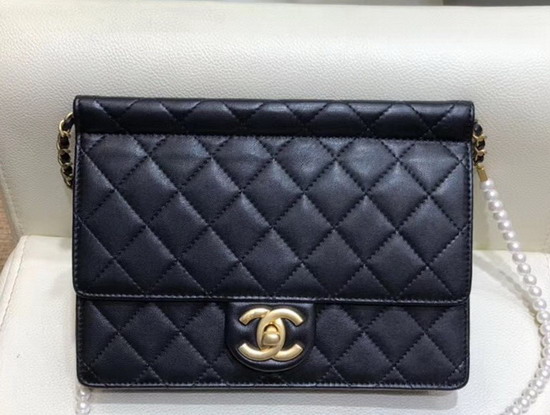 Chanel Flap Bag Lambskin Imitation Pearls and Gold Tone Metal Black AS0582