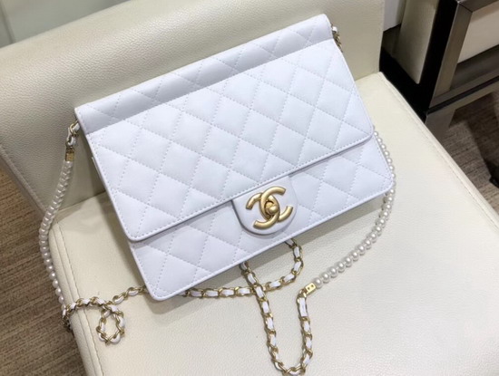 Chanel Flap Bag Lambskin Imitation Pearls and Gold Tone Metal White AS0582