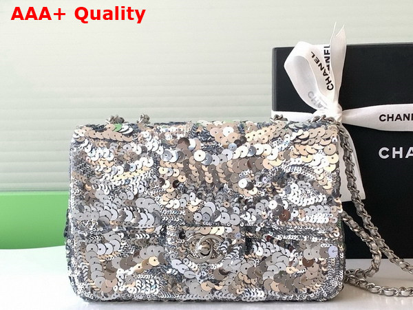 Chanel Flap Bag Silver Sequins and Silver Tone Metal AS4561 Replica