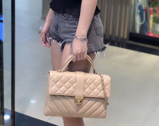 Chanel Flap Bag with Top Handle Beige Quilted and Chevron Calfskin and Gold Tone Metal AS0712