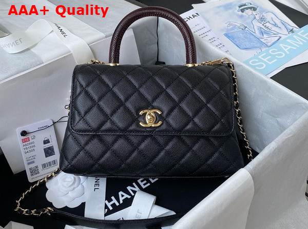 Chanel Flap Bag with Top Handle Black Grained Calfskin Gold Tone Metal A92990 Replica