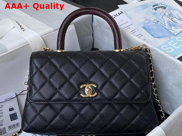 Chanel Flap Bag with Top Handle Black Grained Calfskin Gold Tone Metal A92990 Replica