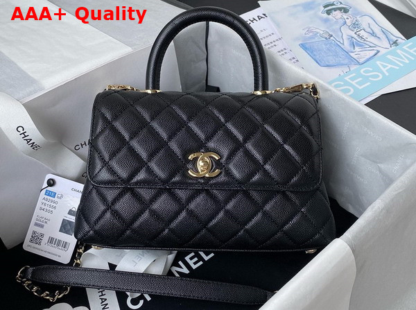 Chanel Flap Bag with Top Handle Grained Calfskin Gold Tone Metal Black A92990 Replica