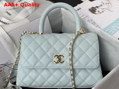 Chanel Flap Bag with Top Handle Light Blue Grained Calfskin Gold Tone Metal A92990 Replica